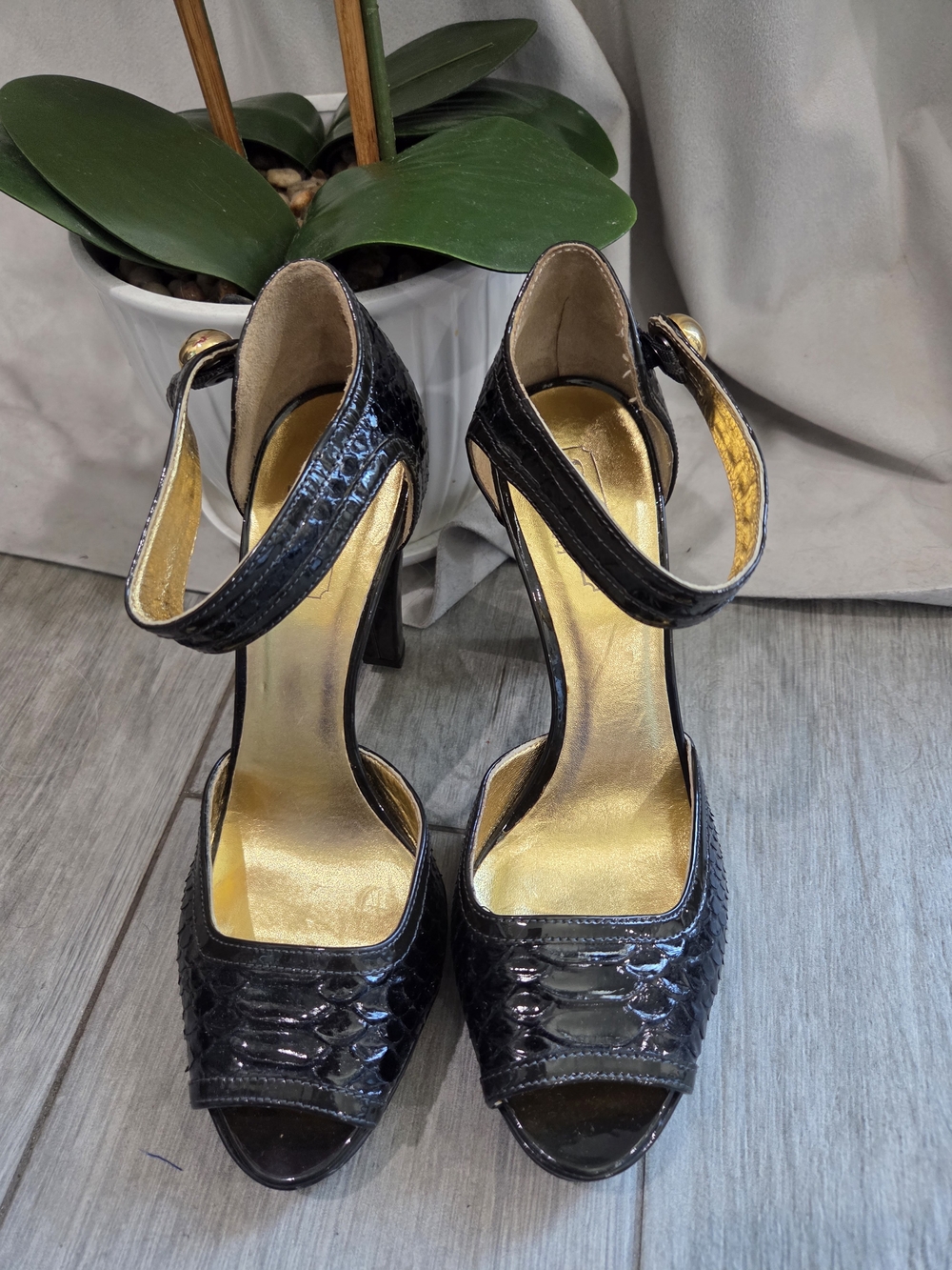 Coach Black Patent Peep-Toe Ankle Strap Heels